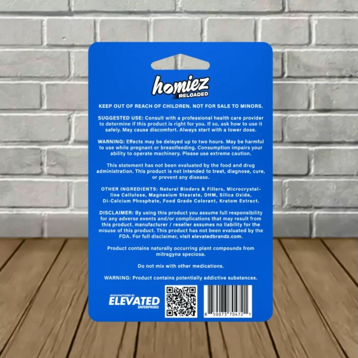 Homiez Reloaded NexGen Mitra Blend Tablets 480mg-Blueberry Limeade -- 4ct Blister Pack -back Homiez Reloaded NexGen Mitra Blend Tablets 480mg-Blueberry Limeade -- 4ct Blister Pack -back