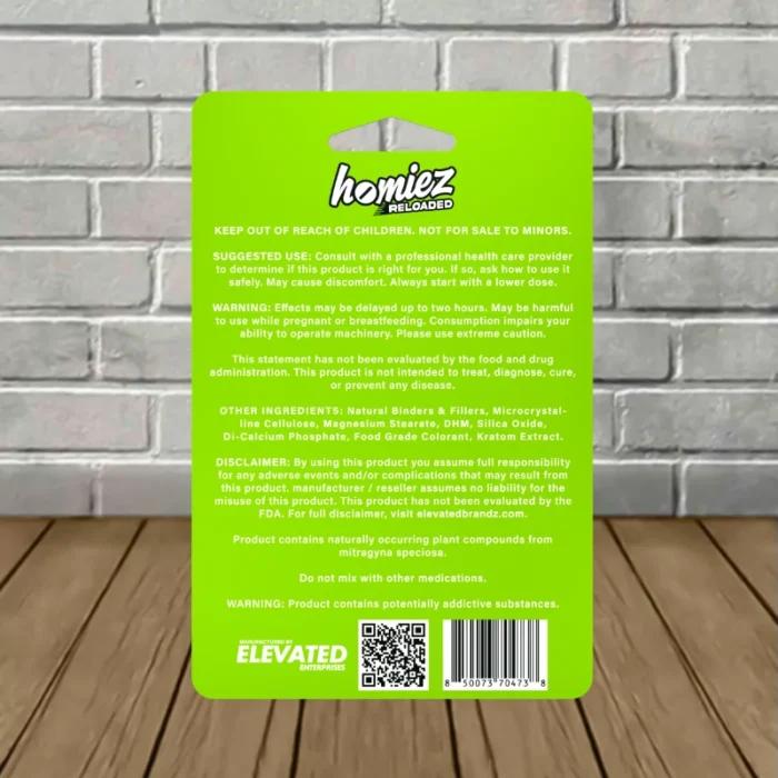 Homiez Reloaded NexGen Mitra Blend Tablets 480mg-Lemon Lime -- 4ct Blister Pack-back Homiez Reloaded NexGen Mitra Blend Tablets 480mg-Lemon Lime -- 4ct Blister Pack-back