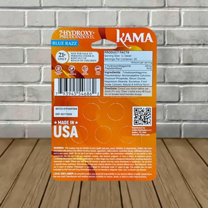 Kama 7-Hydroxy + Pseudo Tablets 1000mg - Blue Razz -- 5ct Blister Pack - product facts Kama 7-Hydroxy + Pseudo Tablets 1000mg - Blue Razz -- 5ct Blister Pack - product facts