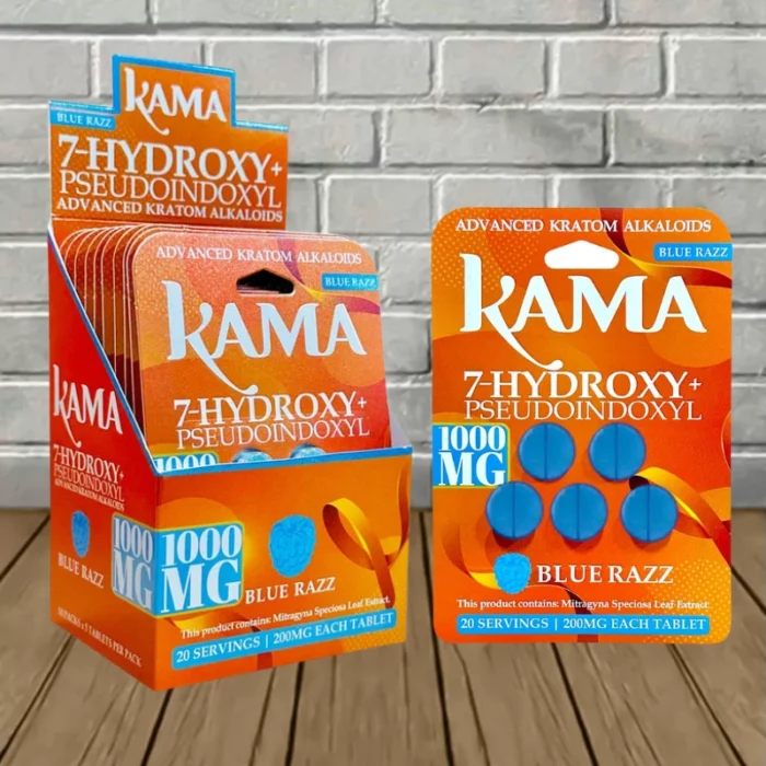Kama 7-Hydroxy + Pseudo Tablets 1000mg - Blue Razz -- 5ct X 10 = 50 Tablets BULK CASE Kama 7-Hydroxy + Pseudo Tablets 1000mg - Blue Razz -- 5ct X 10 = 50 Tablets BULK CASE