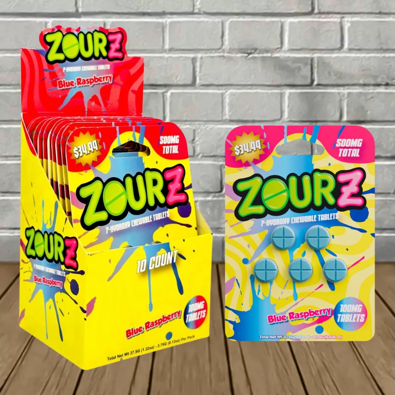 Zourz 7-Hydroxy Tablets 100mg 5ct- Blue Raspberry – Bulk Case Deal 10 × 5ct = 50 Tablets