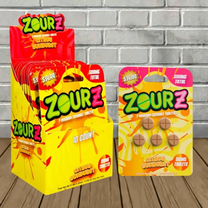 Zourz 7-Hydroxy Tablets 100mg 5ct- Citrus Sunburst – Bulk Case Deal 10 × 5ct = 50 Tablets Zourz 7-Hydroxy Tablets 100mg 5ct- Citrus Sunburst – Bulk Case Deal 10 × 5ct = 50 Tablets