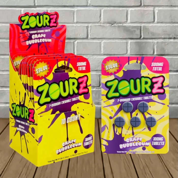 Zourz 7-Hydroxy Tablets 100mg 5ct- Grape Bubble Gum – Bulk Case Deal 10 × 5ct = 50 Tablets Zourz 7-Hydroxy Tablets 100mg 5ct- Grape Bubble Gum – Bulk Case Deal 10 × 5ct = 50 Tablets