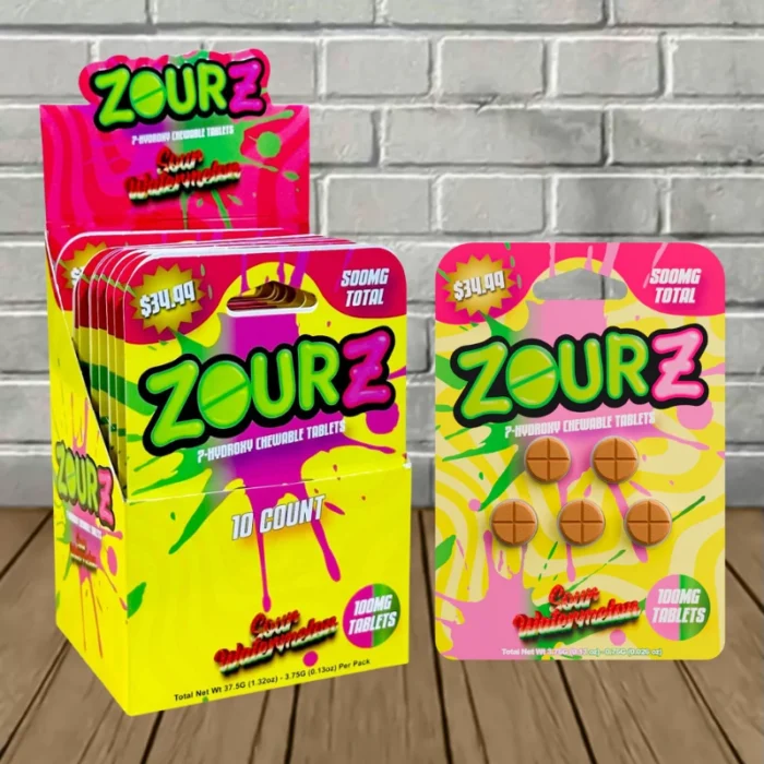 Zourz 7-Hydroxy Tablets 100mg 5ct- Sour Watermelon – Bulk Case Deal 10 × 5ct = 50 Tablets Zourz 7-Hydroxy Tablets 100mg 5ct- Sour Watermelon – Bulk Case Deal 10 × 5ct = 50 Tablets
