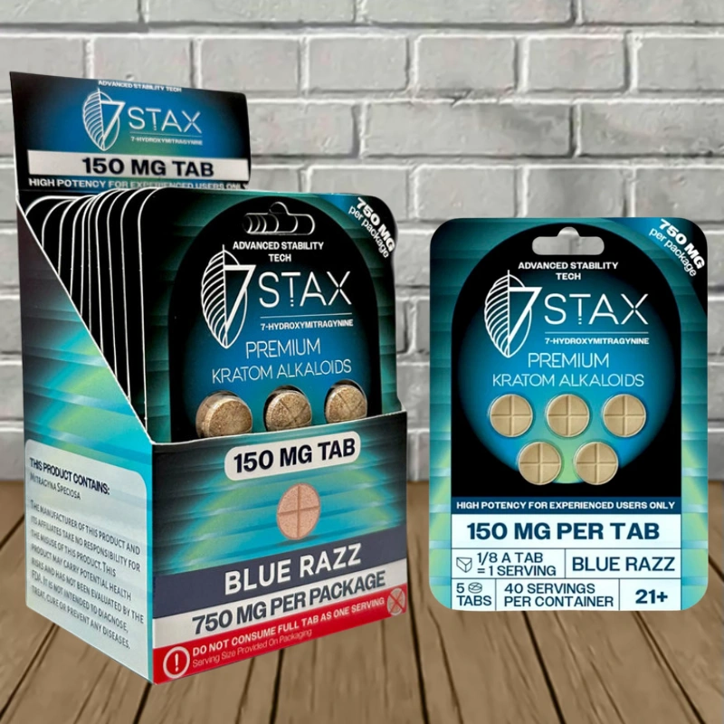7Stax High-Potency 7-Hydroxy Premium Kratom 150mg-Blue Razz -- 10 x 5ct = 50 Tablets BULK CASE