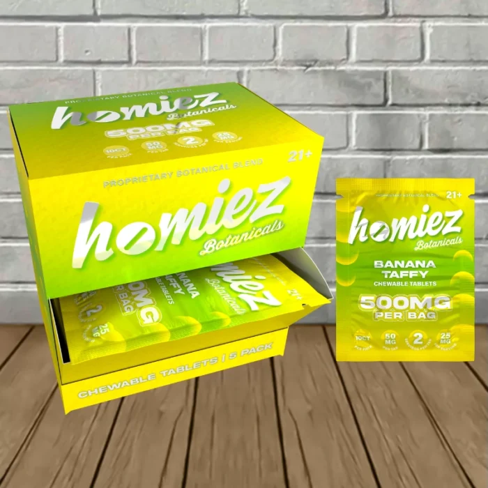 Homiez Proprietary Botanical Blend Tablets 500mg - Banana Taffy -- 5ct x 5 = 25 Tablets BULK CASE Homiez Proprietary Botanical Blend Tablets 500mg - Banana Taffy -- 5ct x 5 = 25 Tablets BULK CASE