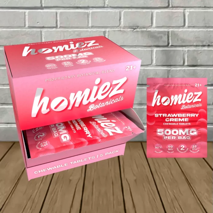 Homiez Proprietary Botanical Blend Tablets 500mg - Strawberry Creme -- 5ct x 5 = 25 Tablets BULK CASE Homiez Proprietary Botanical Blend Tablets 500mg - Strawberry Creme -- 5ct x 5 = 25 Tablets BULK CASE